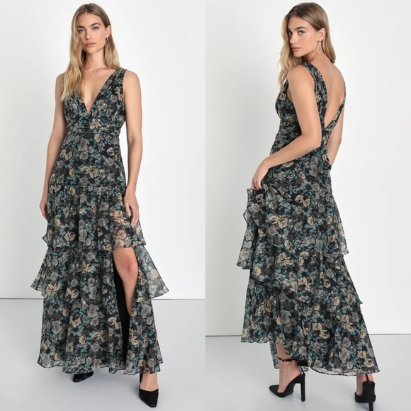 Lulus Sweeping Sensation Black Floral Print Organza Pleated Maxi Dress S Wedding - Picture 1 of 10